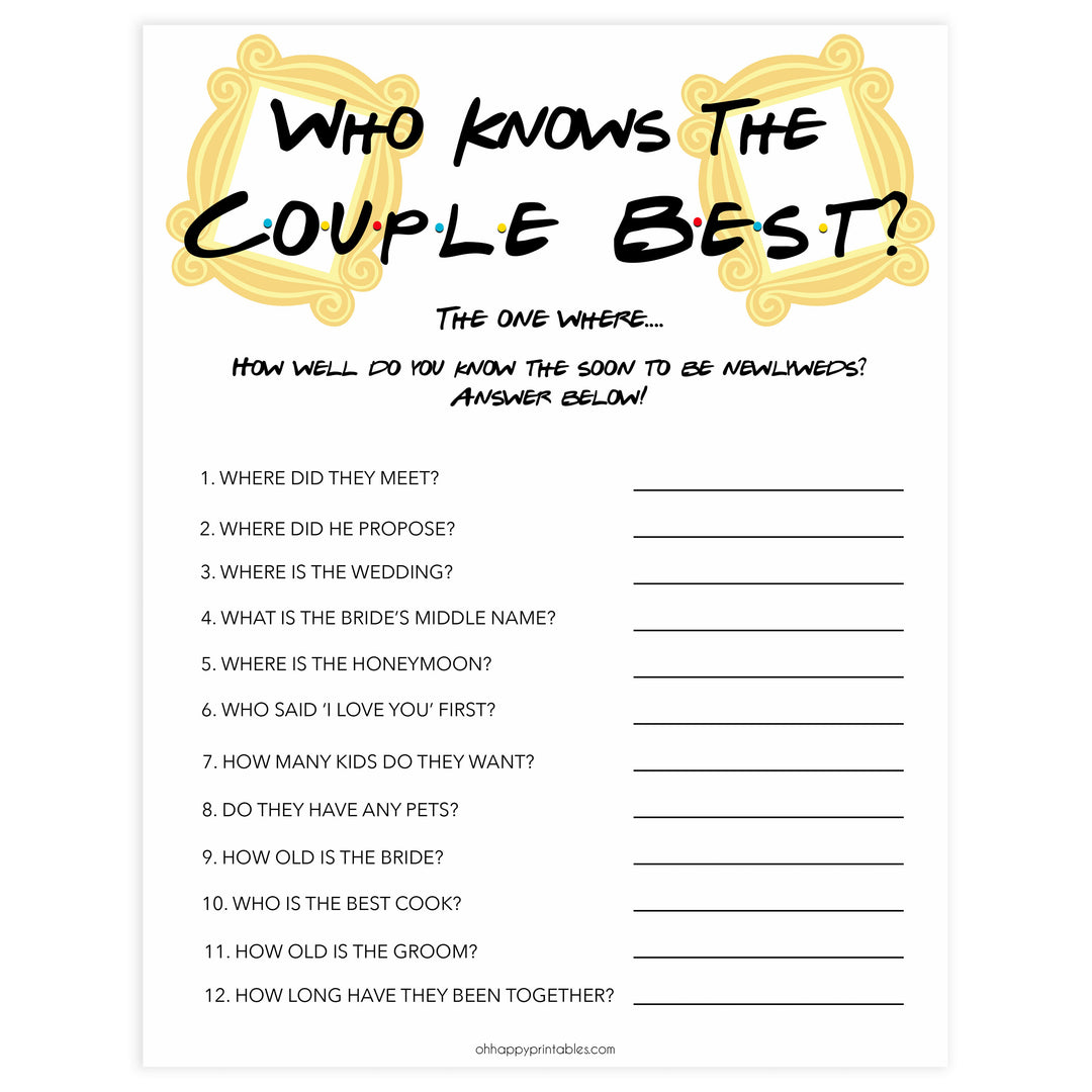 Editable who knows the couple best, Printable bridal shower games, friends bridal shower, friends bridal shower games, fun bridal shower games, bridal shower game ideas, friends bridal shower