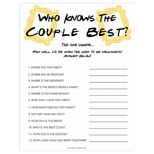 Editable who knows the couple best, Printable bridal shower games, friends bridal shower, friends bridal shower games, fun bridal shower games, bridal shower game ideas, friends bridal shower