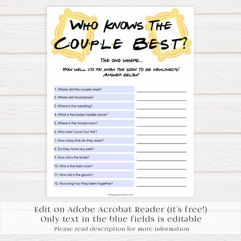 Editable who knows the couple best, Printable bridal shower games, friends bridal shower, friends bridal shower games, fun bridal shower games, bridal shower game ideas, friends bridal shower