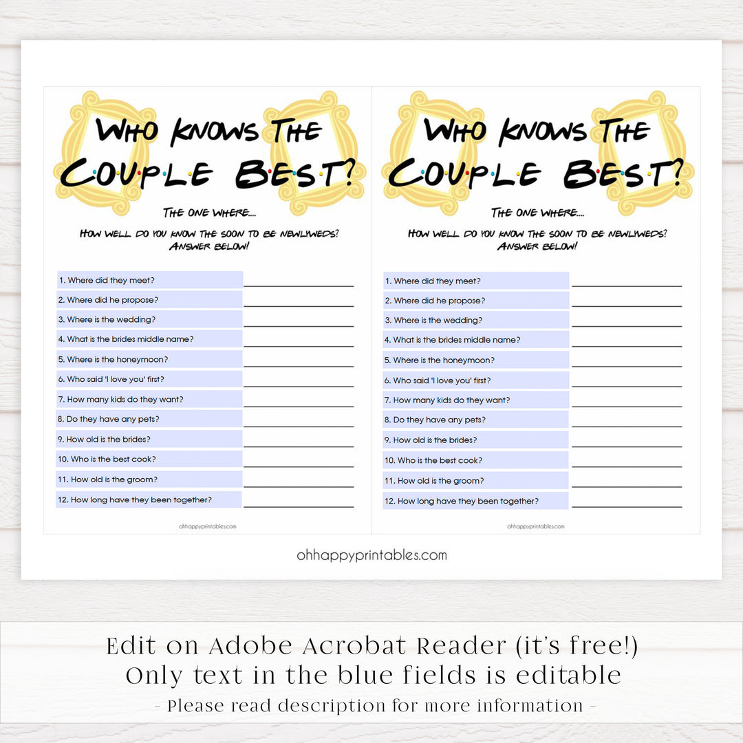 Editable who knows the couple best, Printable bridal shower games, friends bridal shower, friends bridal shower games, fun bridal shower games, bridal shower game ideas, friends bridal shower