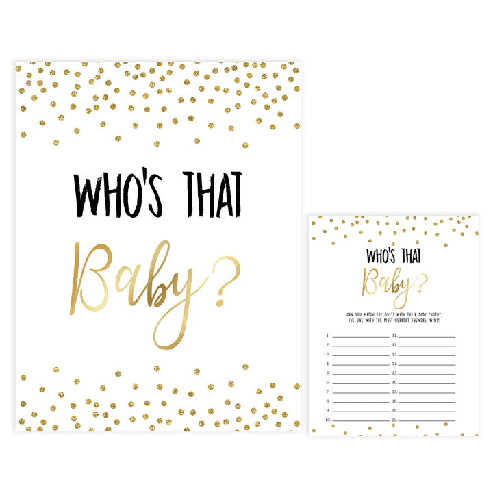 whos that baby game, gold baby games, gold glitter baby shower, printable baby games, guess the baby picture, fun baby games, best baby games