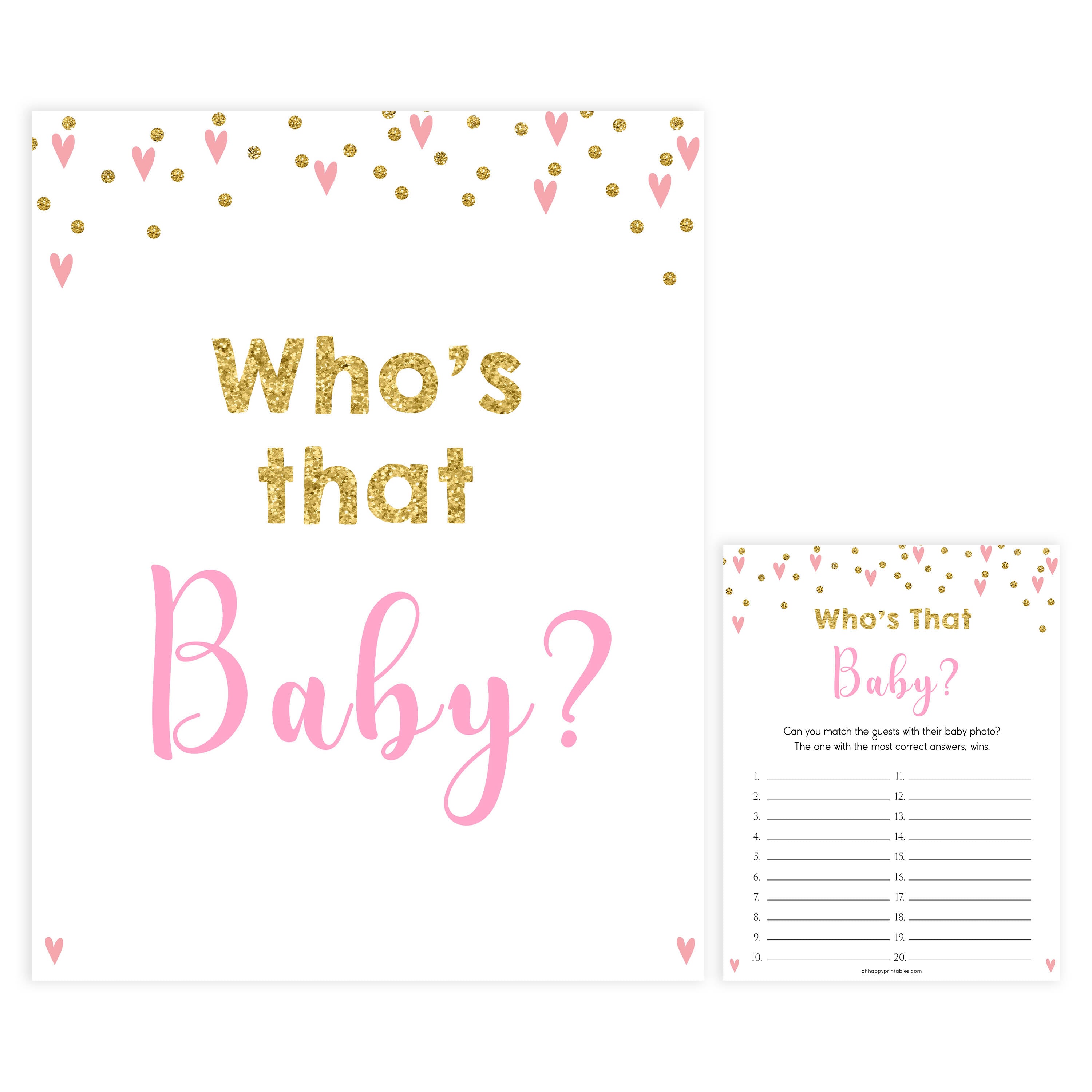 whos that baby game, guess the baby pictures, Printable baby shower games, small pink hearts fun baby games, baby shower games, fun baby shower ideas, top baby shower ideas, gold baby shower, pink hearts baby shower ideas