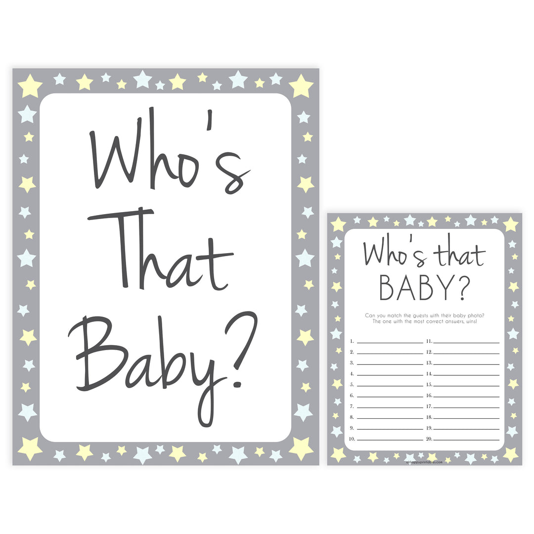 grey & yellow stars, whos that baby, printable baby shower games, fun baby games, top baby shower games, star baby games, little star baby shower