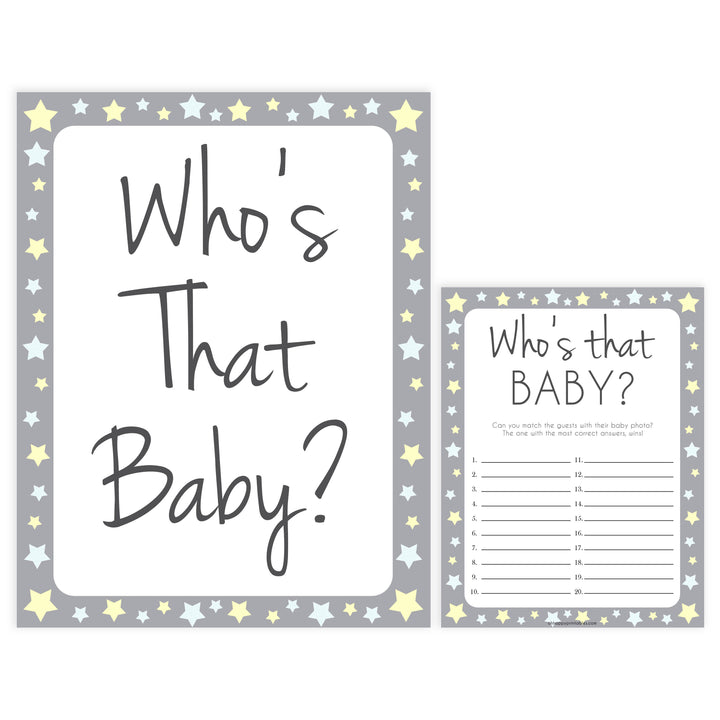 grey & yellow stars, whos that baby, printable baby shower games, fun baby games, top baby shower games, star baby games, little star baby shower