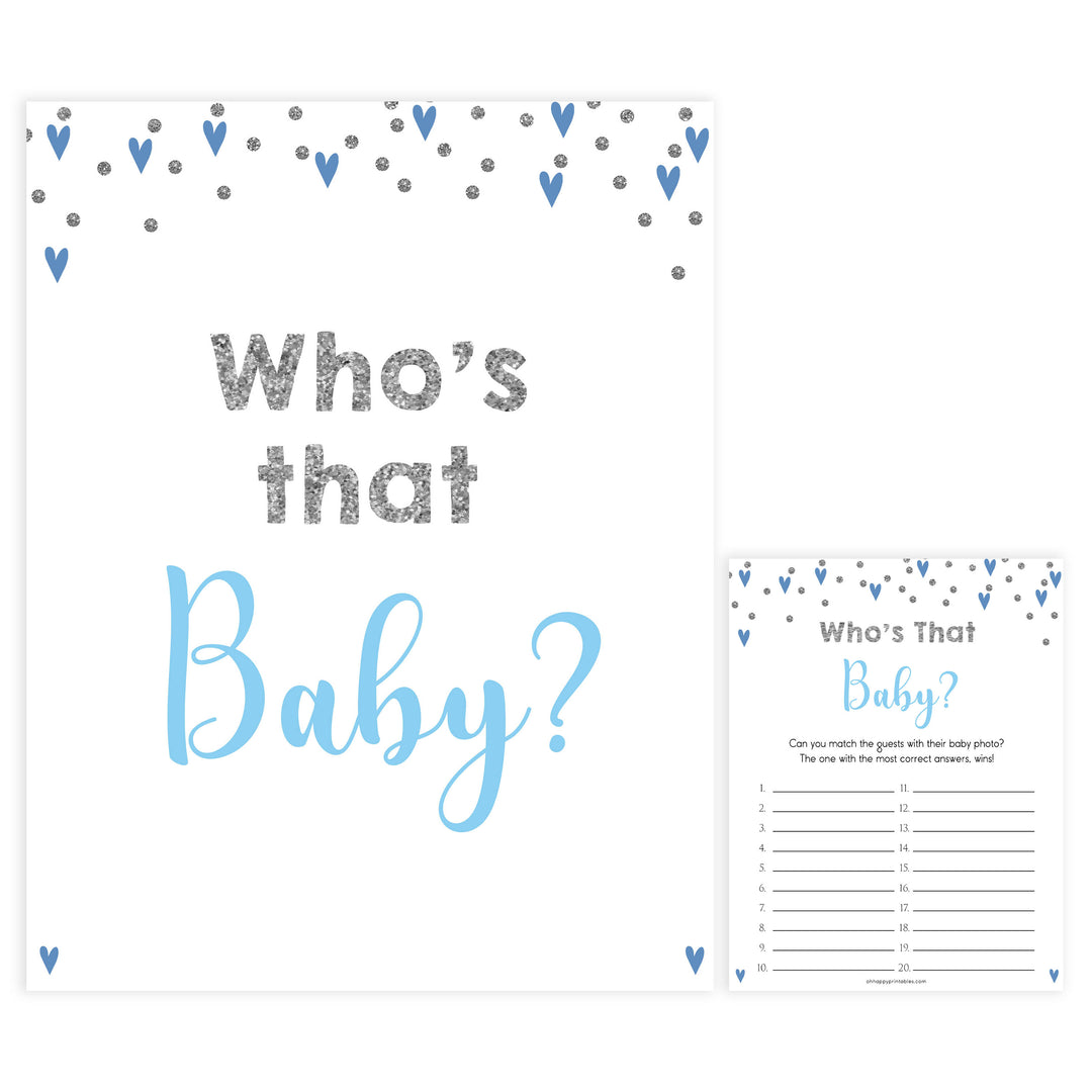 whos that baby game, guess the baby picture game, Printable baby shower games, small blue hearts fun baby games, baby shower games, fun baby shower ideas, top baby shower ideas, silver baby shower, blue hearts baby shower ideas