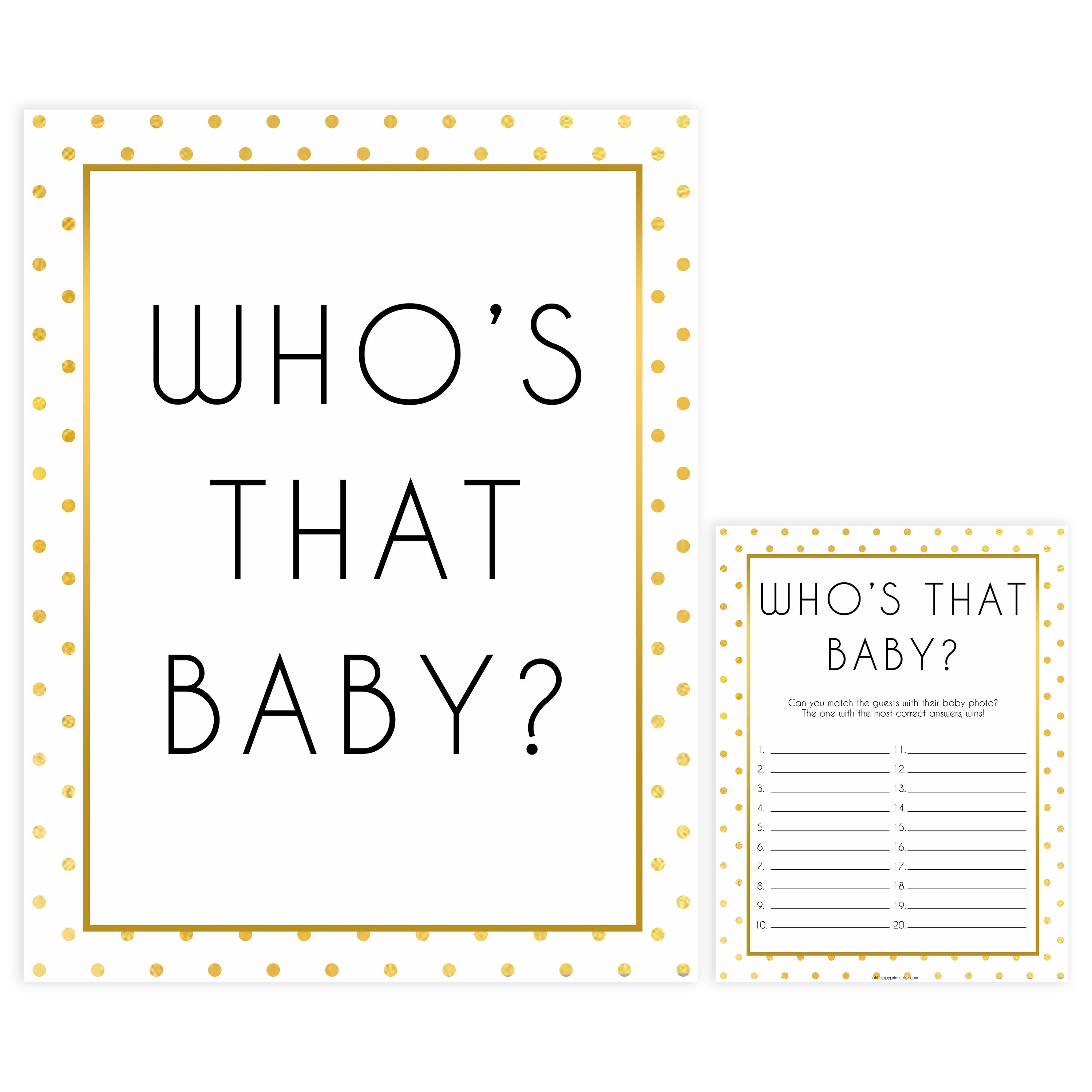 whos that baby game, guess the baby pictures, Printable baby shower games, baby gold dots fun baby games, baby shower games, fun baby shower ideas, top baby shower ideas, gold glitter shower baby shower, friends baby shower ideas