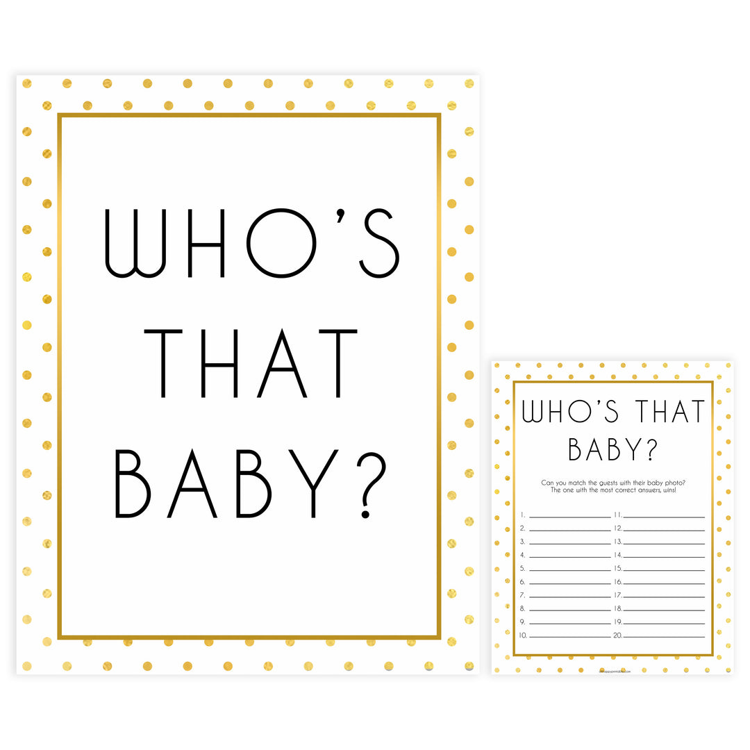 whos that baby game, guess the baby pictures, Printable baby shower games, baby gold dots fun baby games, baby shower games, fun baby shower ideas, top baby shower ideas, gold glitter shower baby shower, friends baby shower ideas