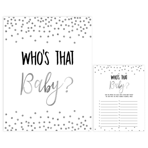 whos that baby game, guess the baby photo, Printable baby shower games, baby silver glitter fun baby games, baby shower games, fun baby shower ideas, top baby shower ideas, silver glitter shower baby shower, friends baby shower ideas