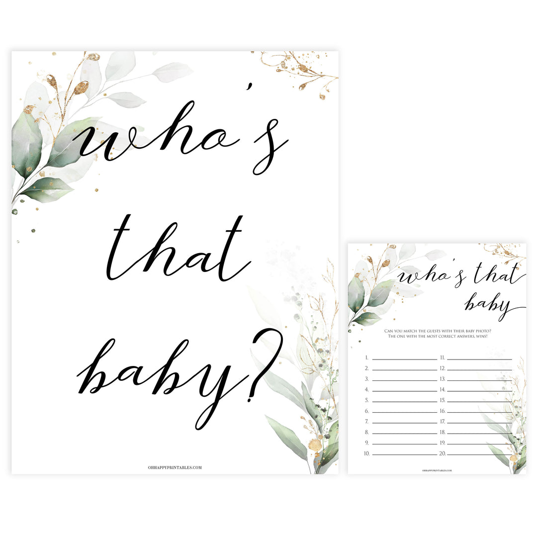 Gold green leaf baby games, whos that baby, who's that baby picture, printable baby games, fun baby games, top baby games to play, gold leaf baby shower, greenery baby shower ideas