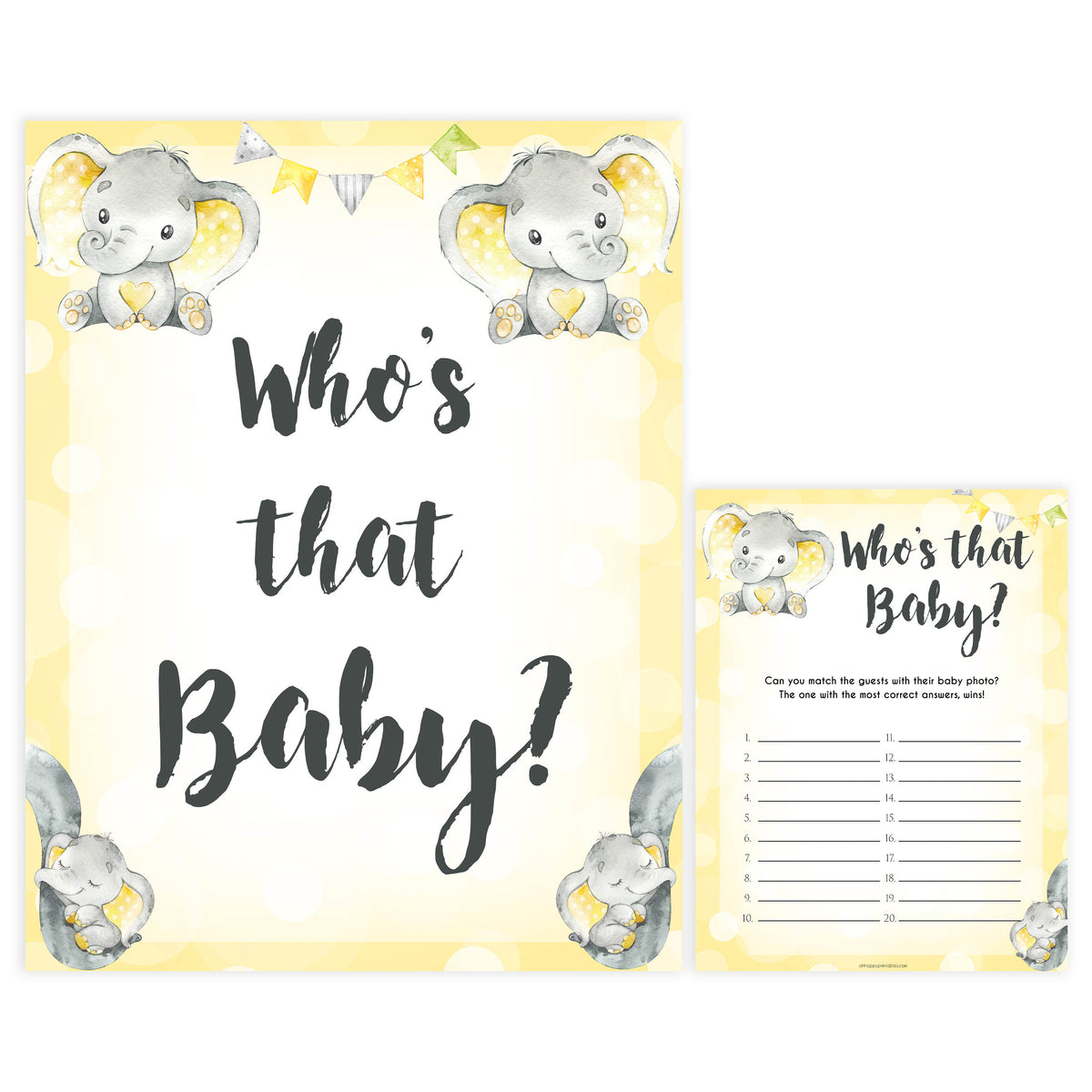 whos that baby game, guess the baby picture game, Printable baby shower games, fun baby games, baby shower games, fun baby shower ideas, top baby shower ideas, yellow elephant baby shower, blue baby shower ideas