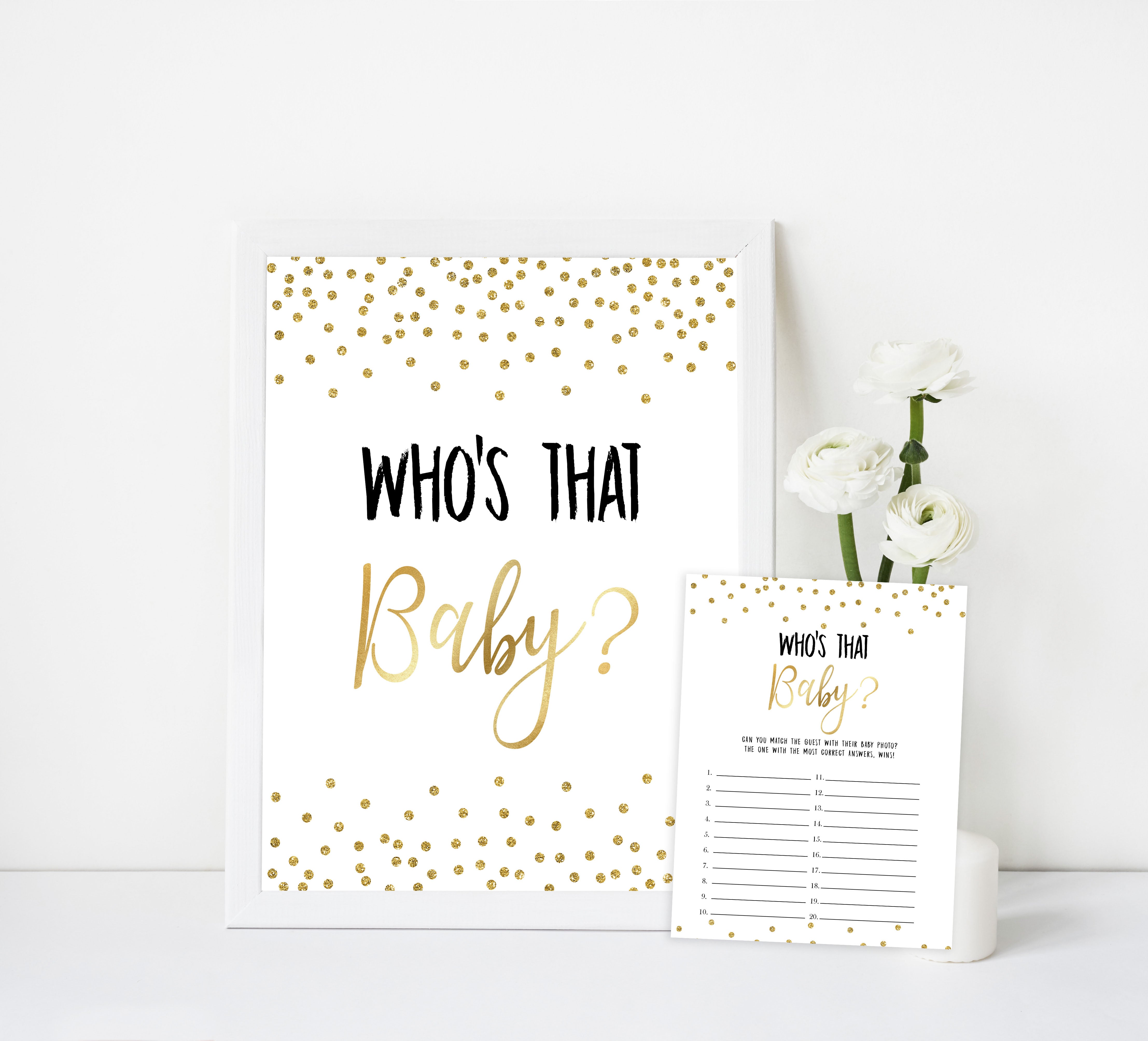 whos that baby game, gold baby games, gold glitter baby shower, printable baby games, guess the baby picture, fun baby games, best baby games