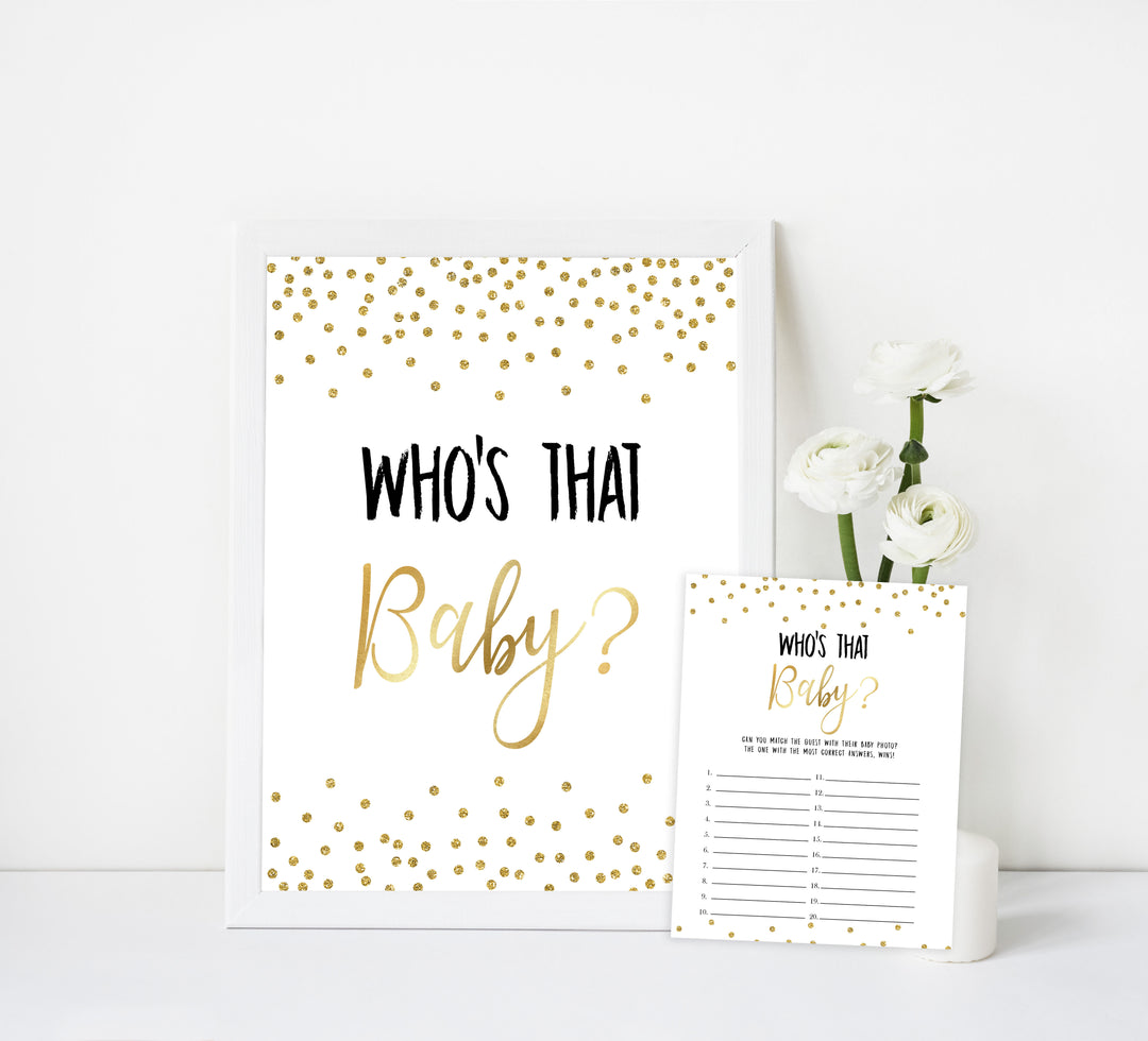 whos that baby game, gold baby games, gold glitter baby shower, printable baby games, guess the baby picture, fun baby games, best baby games