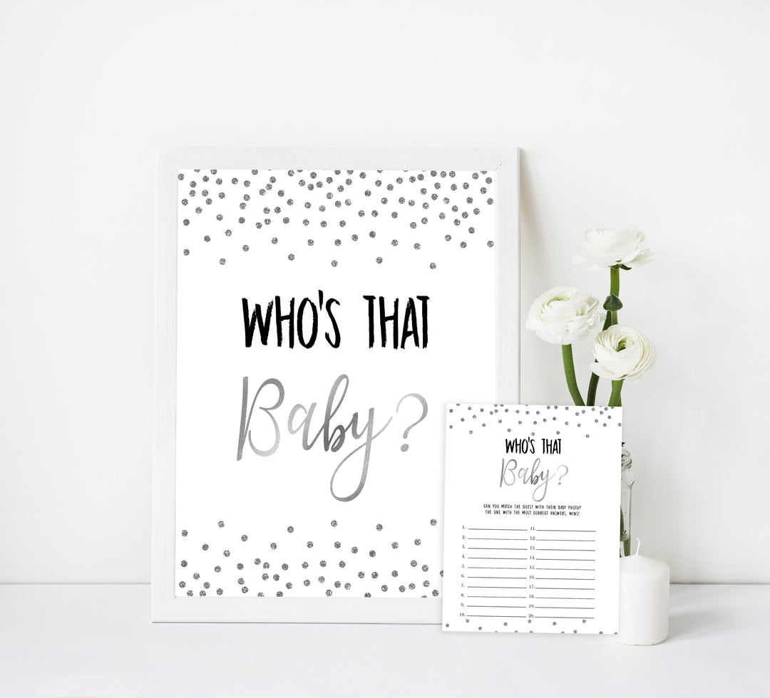 whos that baby game, guess the baby photo, Printable baby shower games, baby silver glitter fun baby games, baby shower games, fun baby shower ideas, top baby shower ideas, silver glitter shower baby shower, friends baby shower ideas
