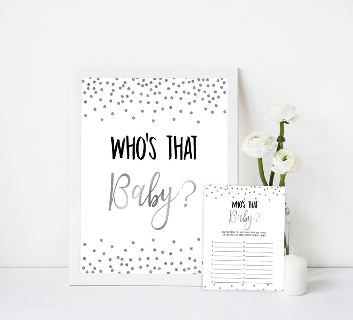 whos that baby game, guess the baby photo, Printable baby shower games, baby silver glitter fun baby games, baby shower games, fun baby shower ideas, top baby shower ideas, silver glitter shower baby shower, friends baby shower ideas