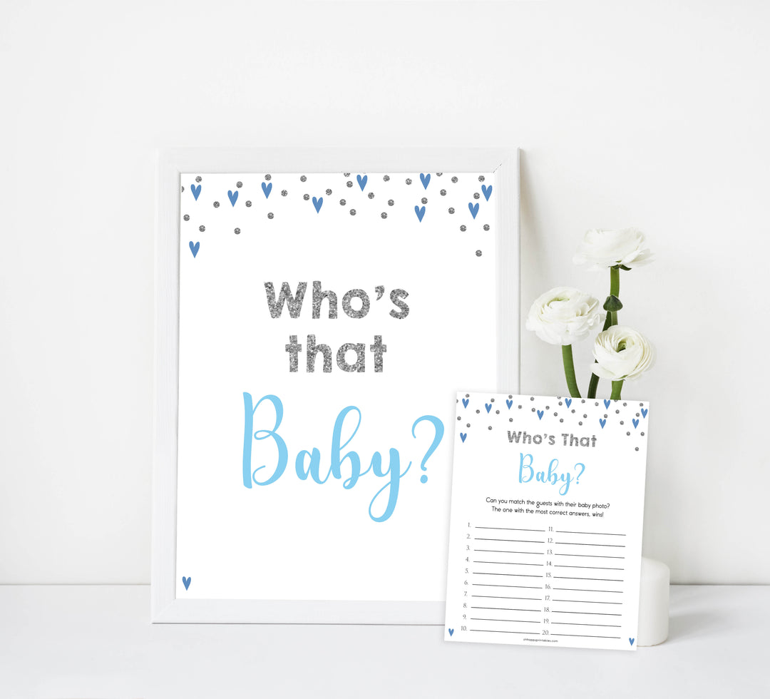 whos that baby game, guess the baby picture game, Printable baby shower games, small blue hearts fun baby games, baby shower games, fun baby shower ideas, top baby shower ideas, silver baby shower, blue hearts baby shower ideas