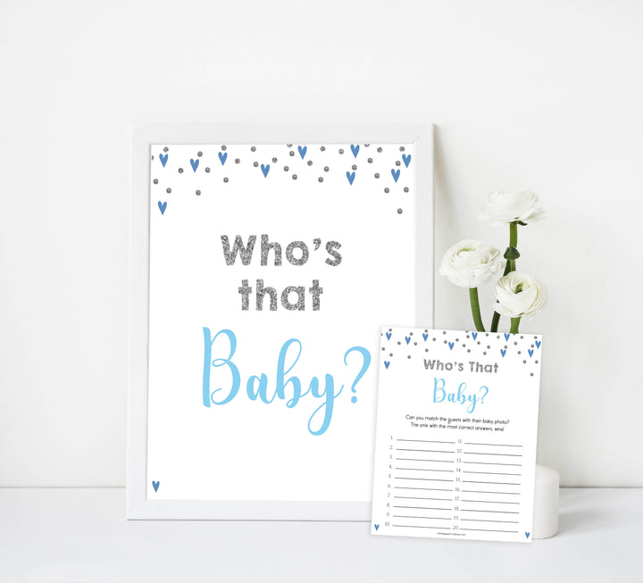 whos that baby game, guess the baby picture game, Printable baby shower games, small blue hearts fun baby games, baby shower games, fun baby shower ideas, top baby shower ideas, silver baby shower, blue hearts baby shower ideas