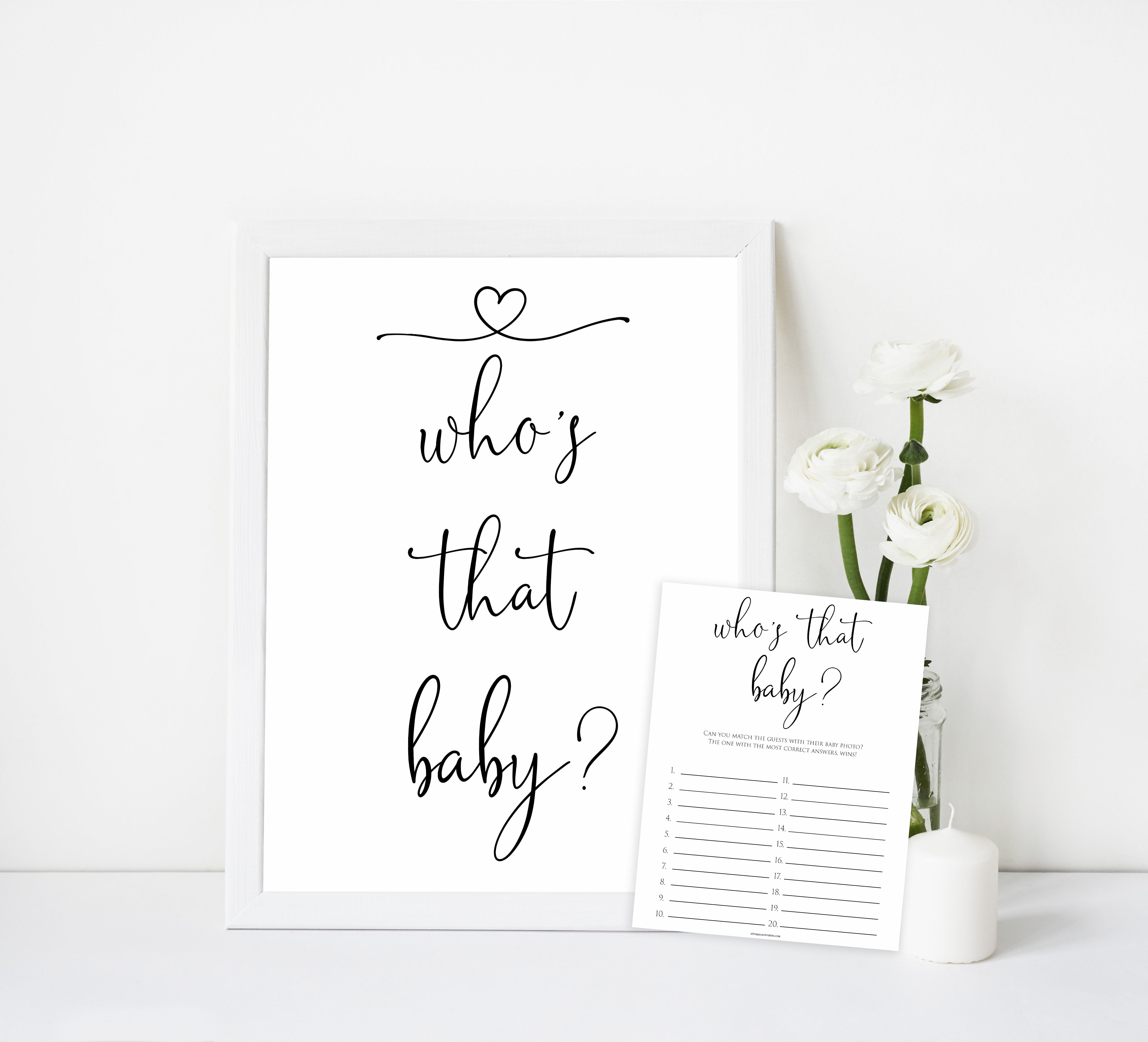 minimalist who's that baby game, printable baby games, simple baby shower ideas, fun baby games, top baby games