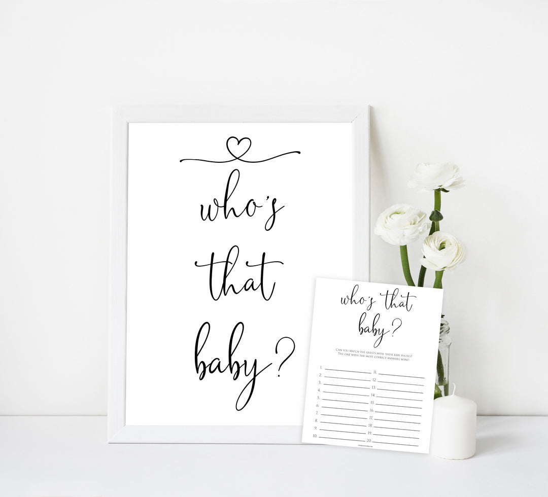 minimalist who's that baby game, printable baby games, simple baby shower ideas, fun baby games, top baby games