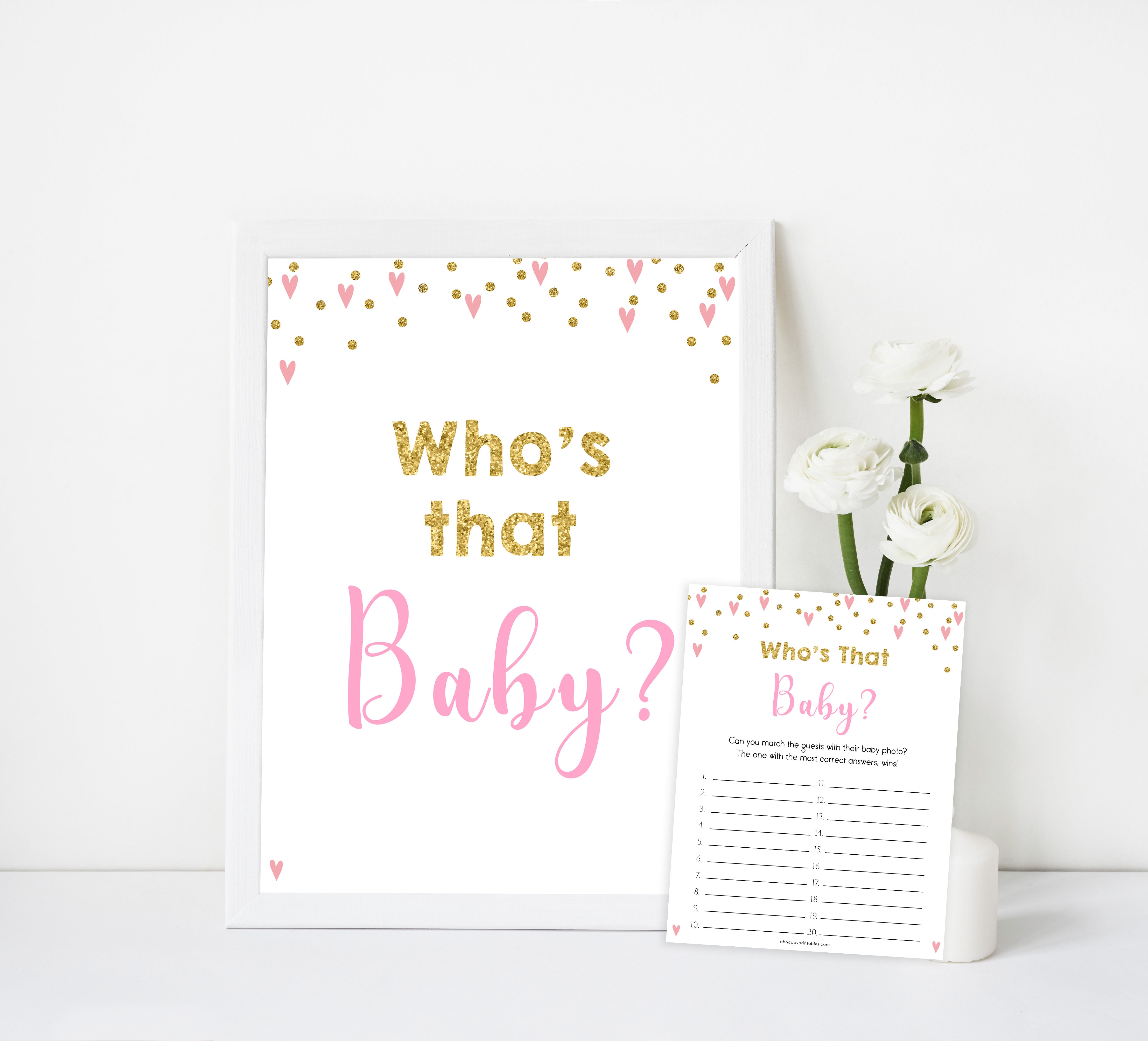 whos that baby game, guess the baby pictures, Printable baby shower games, small pink hearts fun baby games, baby shower games, fun baby shower ideas, top baby shower ideas, gold baby shower, pink hearts baby shower ideas