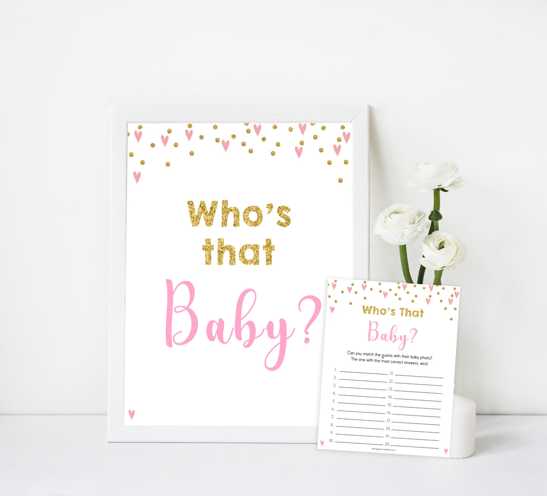 whos that baby game, guess the baby pictures, Printable baby shower games, small pink hearts fun baby games, baby shower games, fun baby shower ideas, top baby shower ideas, gold baby shower, pink hearts baby shower ideas