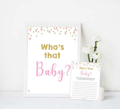whos that baby game, guess the baby pictures, Printable baby shower games, small pink hearts fun baby games, baby shower games, fun baby shower ideas, top baby shower ideas, gold baby shower, pink hearts baby shower ideas