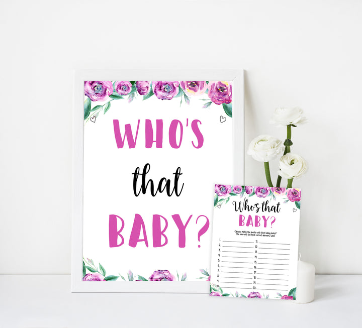 whos that baby photo game, printable baby shower games, fun baby shower games, purple baby shower ideas