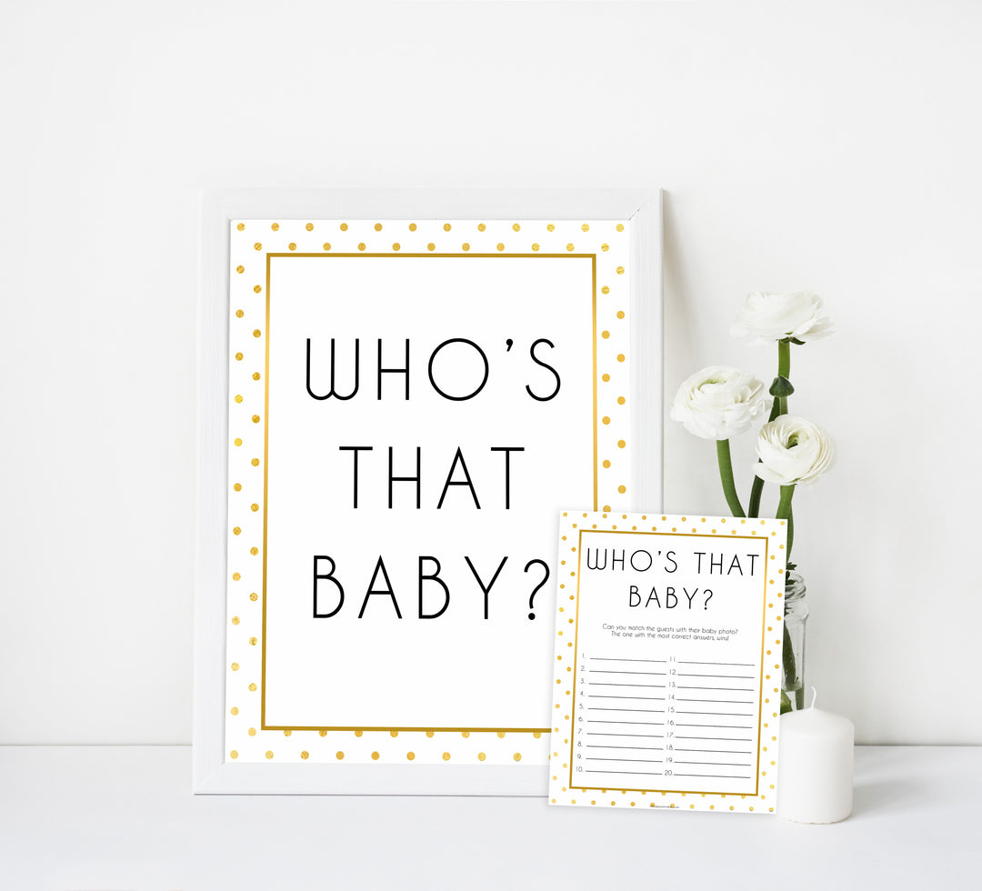 whos that baby game, guess the baby pictures, Printable baby shower games, baby gold dots fun baby games, baby shower games, fun baby shower ideas, top baby shower ideas, gold glitter shower baby shower, friends baby shower ideas