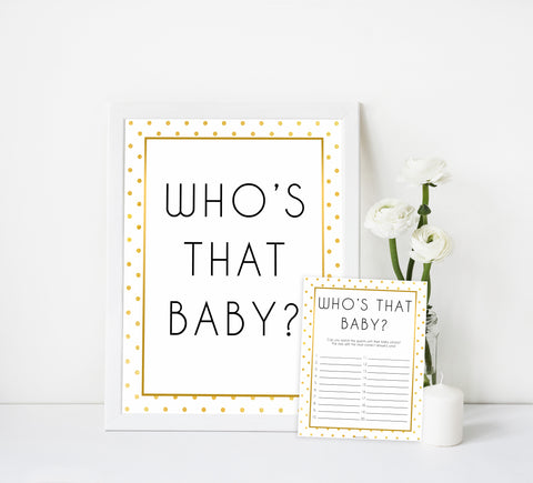 whos that baby game, guess the baby pictures, Printable baby shower games, baby gold dots fun baby games, baby shower games, fun baby shower ideas, top baby shower ideas, gold glitter shower baby shower, friends baby shower ideas