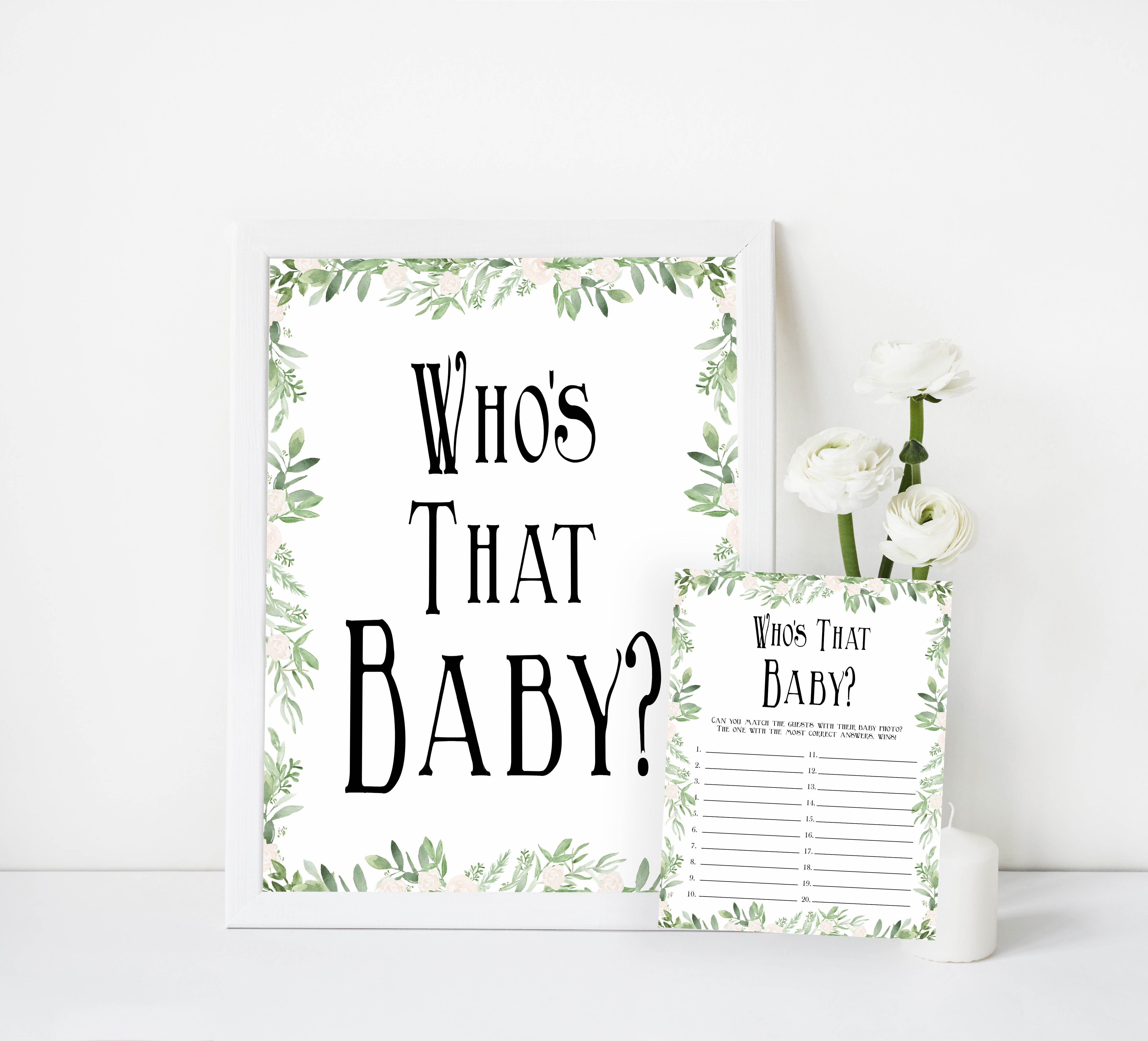 whos that baby game, guess the baby photo game, Printable baby shower games, greenery baby shower games, fun floral baby games, botanical baby shower games,
