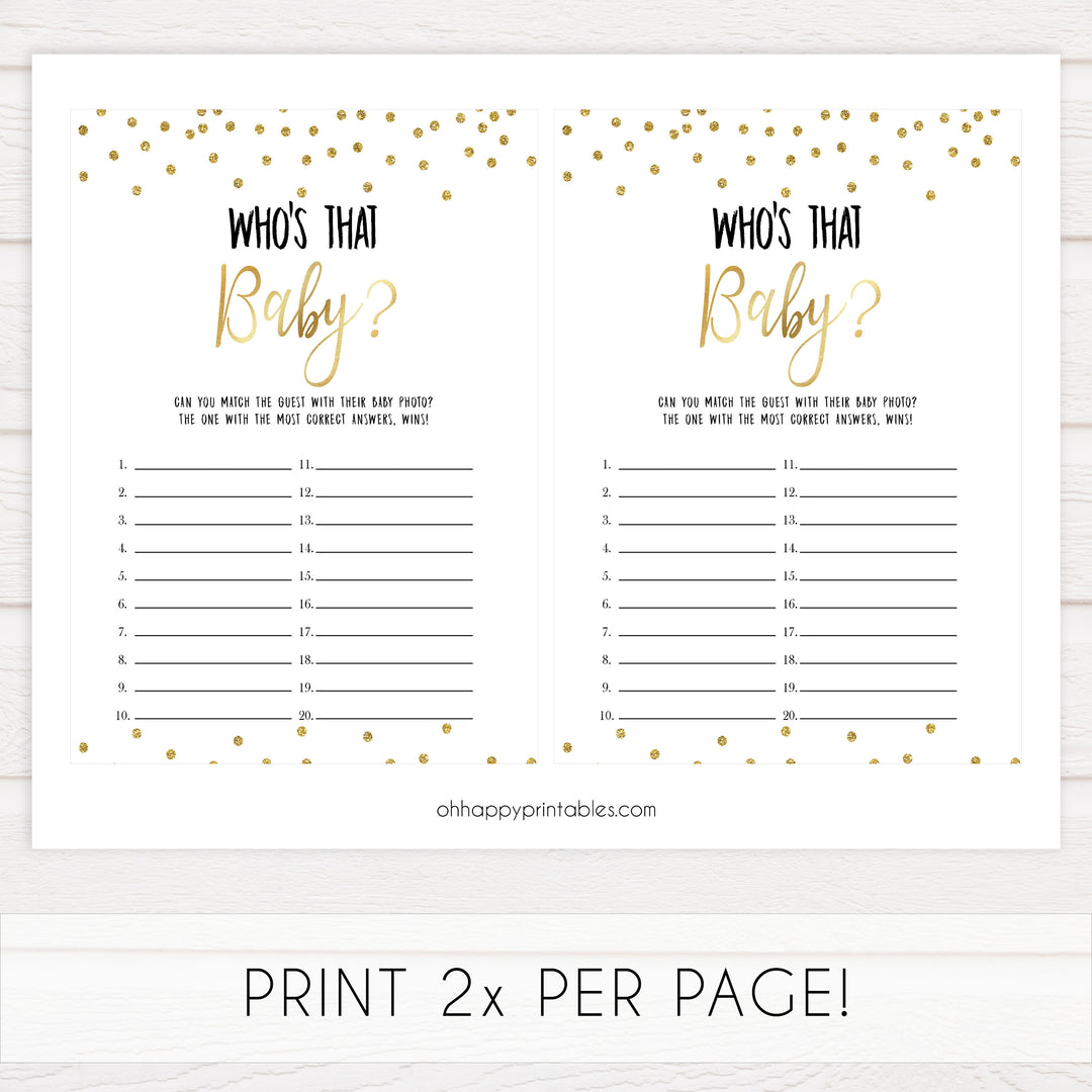whos that baby game, gold baby games, gold glitter baby shower, printable baby games, guess the baby picture, fun baby games, best baby games