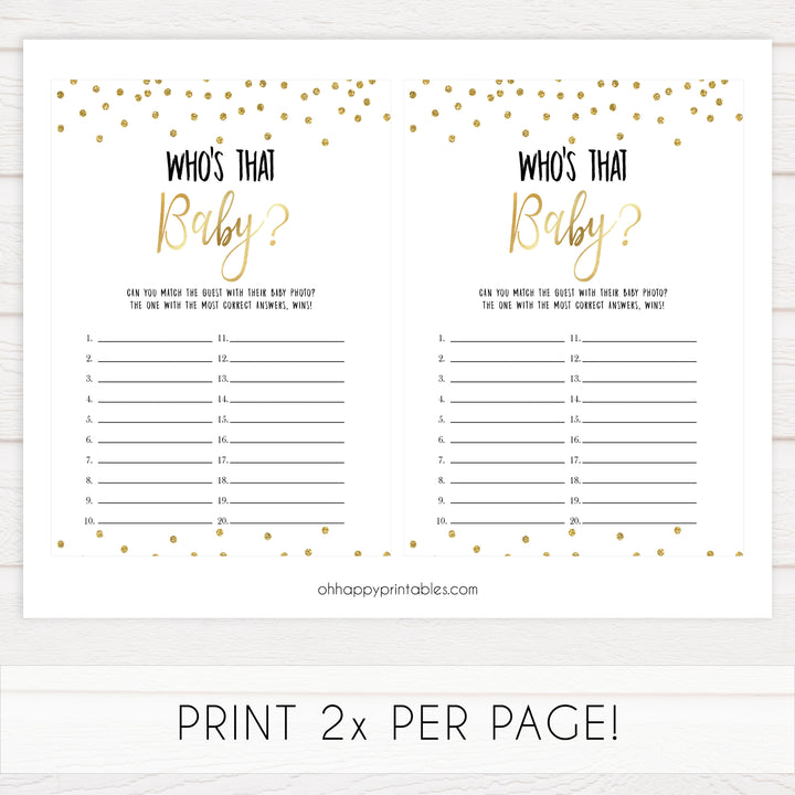whos that baby game, gold baby games, gold glitter baby shower, printable baby games, guess the baby picture, fun baby games, best baby games