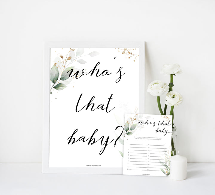 Gold green leaf baby games, whos that baby, who's that baby picture, printable baby games, fun baby games, top baby games to play, gold leaf baby shower, greenery baby shower ideas