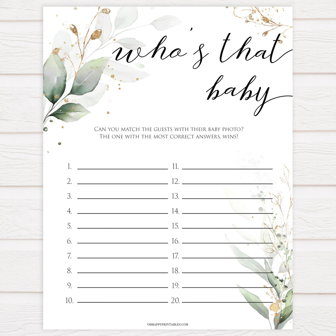 Gold green leaf baby games, whos that baby, who's that baby picture, printable baby games, fun baby games, top baby games to play, gold leaf baby shower, greenery baby shower ideas