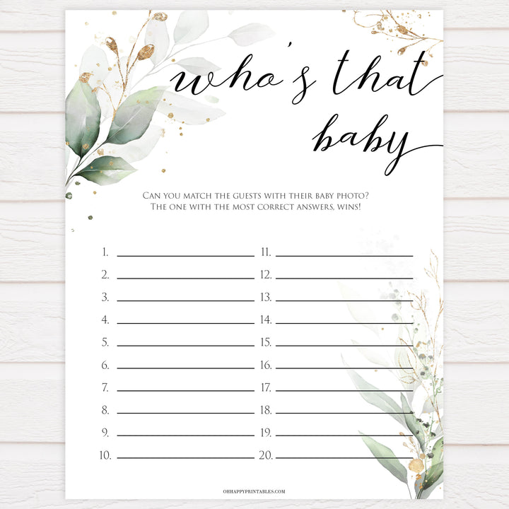 Gold green leaf baby games, whos that baby, who's that baby picture, printable baby games, fun baby games, top baby games to play, gold leaf baby shower, greenery baby shower ideas