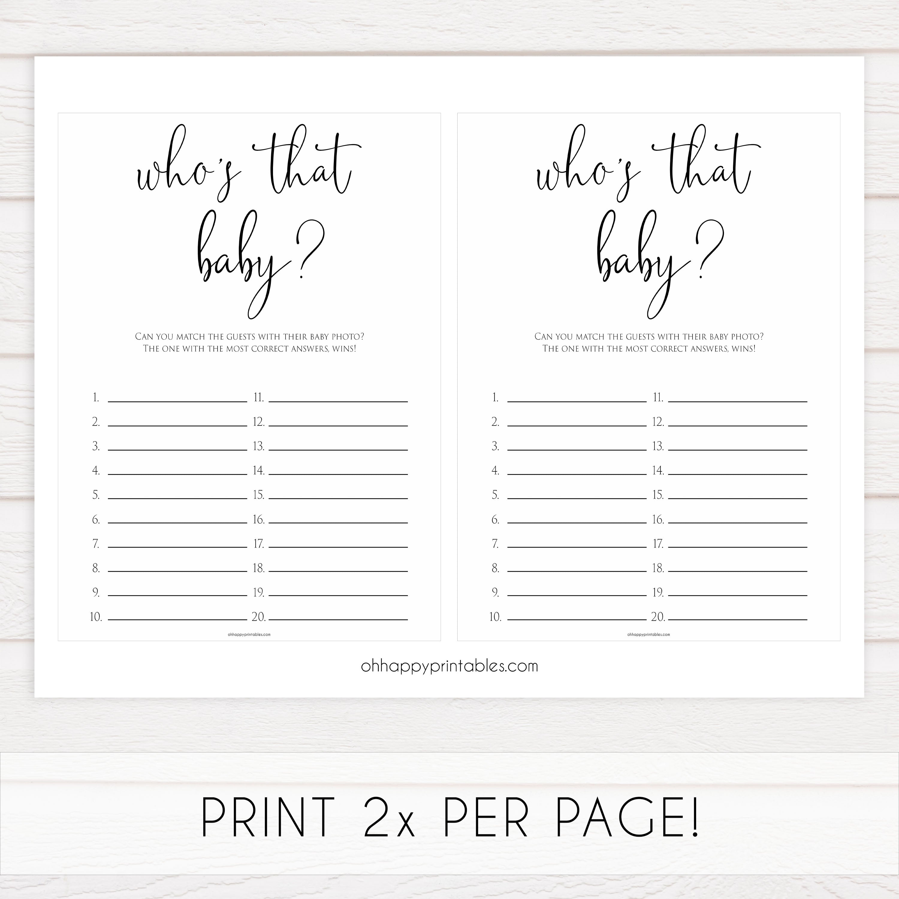 minimalist who's that baby game, printable baby games, simple baby shower ideas, fun baby games, top baby games