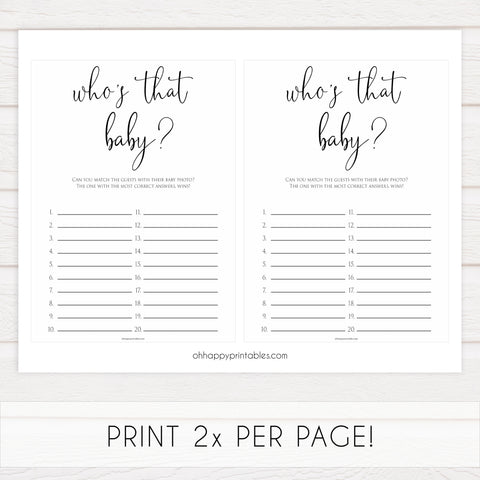 minimalist who's that baby game, printable baby games, simple baby shower ideas, fun baby games, top baby games