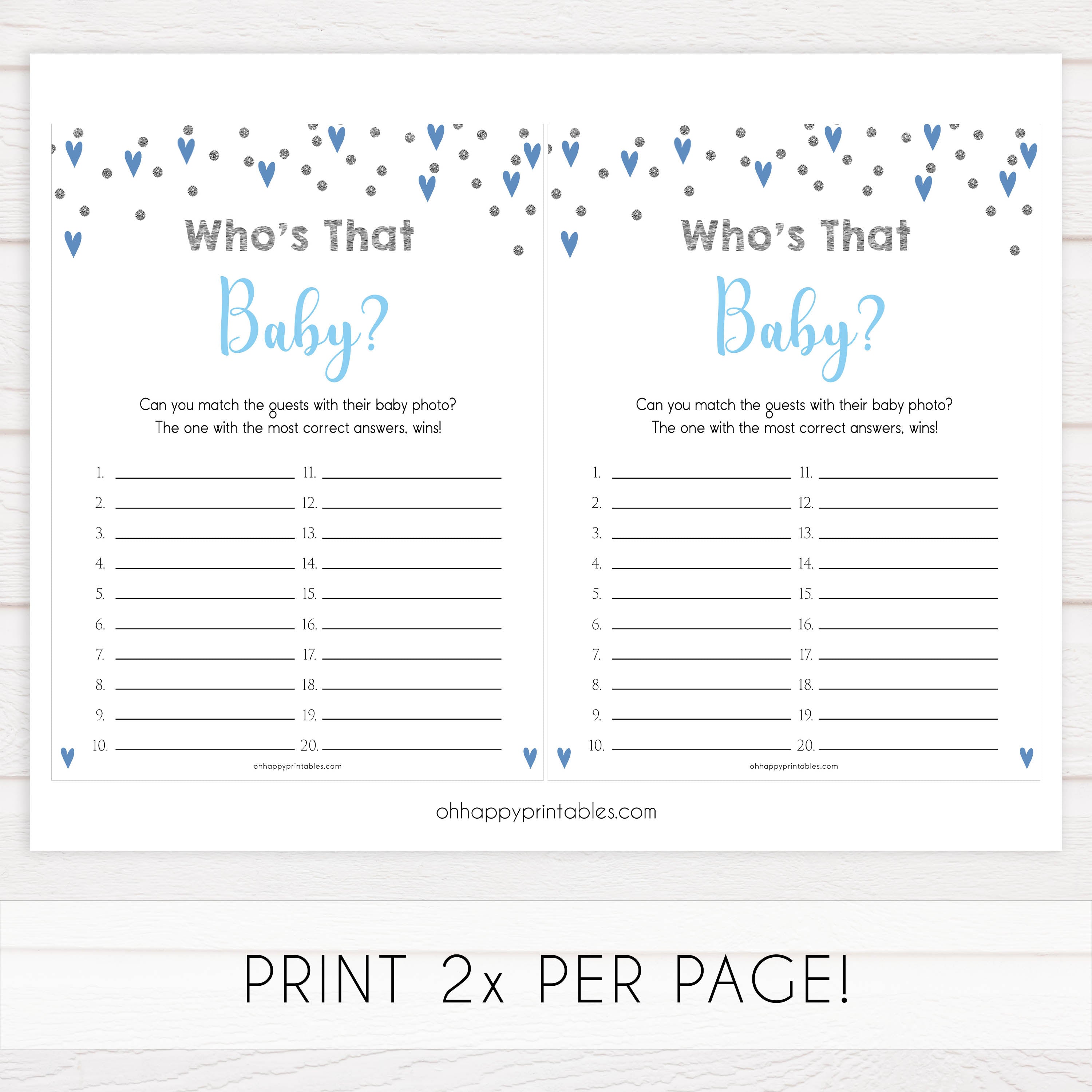 whos that baby game, guess the baby picture game, Printable baby shower games, small blue hearts fun baby games, baby shower games, fun baby shower ideas, top baby shower ideas, silver baby shower, blue hearts baby shower ideas