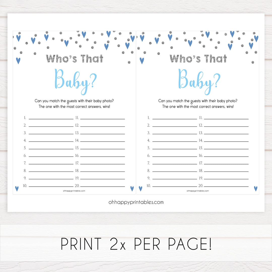 whos that baby game, guess the baby picture game, Printable baby shower games, small blue hearts fun baby games, baby shower games, fun baby shower ideas, top baby shower ideas, silver baby shower, blue hearts baby shower ideas