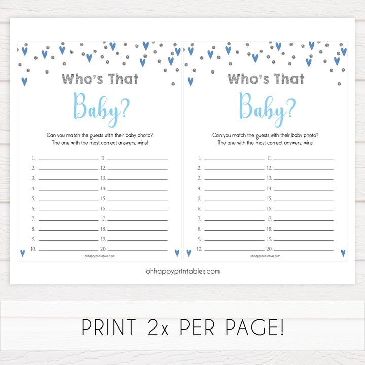 whos that baby game, guess the baby picture game, Printable baby shower games, small blue hearts fun baby games, baby shower games, fun baby shower ideas, top baby shower ideas, silver baby shower, blue hearts baby shower ideas