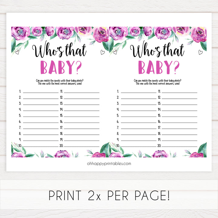 whos that baby photo game, printable baby shower games, fun baby shower games, purple baby shower ideas
