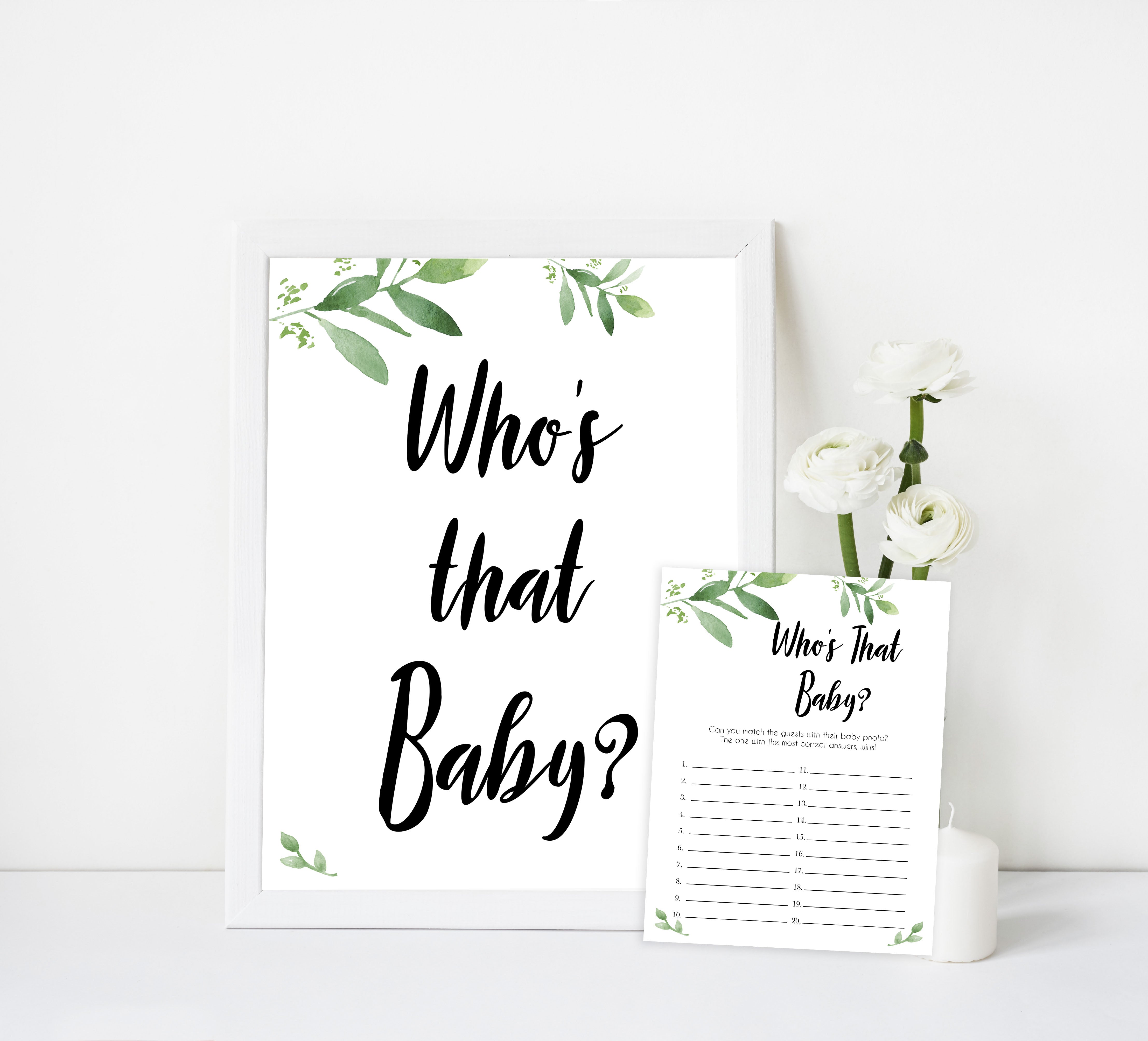 whos that baby game, guess the baby picture game, Printable baby shower games, botanical baby shower games, floral baby shower ideas, fun baby shower ideas
