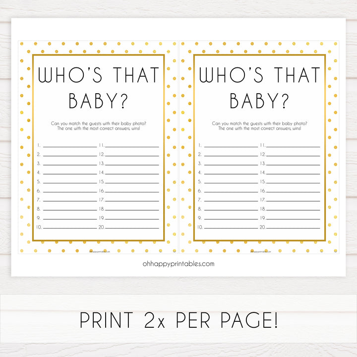 whos that baby game, guess the baby pictures, Printable baby shower games, baby gold dots fun baby games, baby shower games, fun baby shower ideas, top baby shower ideas, gold glitter shower baby shower, friends baby shower ideas