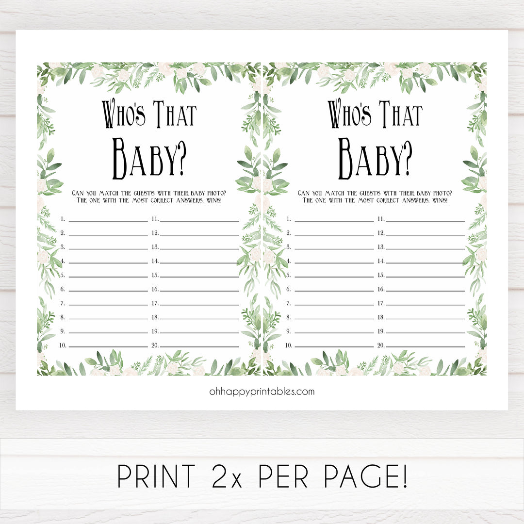 whos that baby game, guess the baby photo game, Printable baby shower games, greenery baby shower games, fun floral baby games, botanical baby shower games,