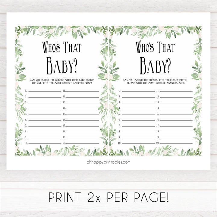 whos that baby game, guess the baby photo game, Printable baby shower games, greenery baby shower games, fun floral baby games, botanical baby shower games,