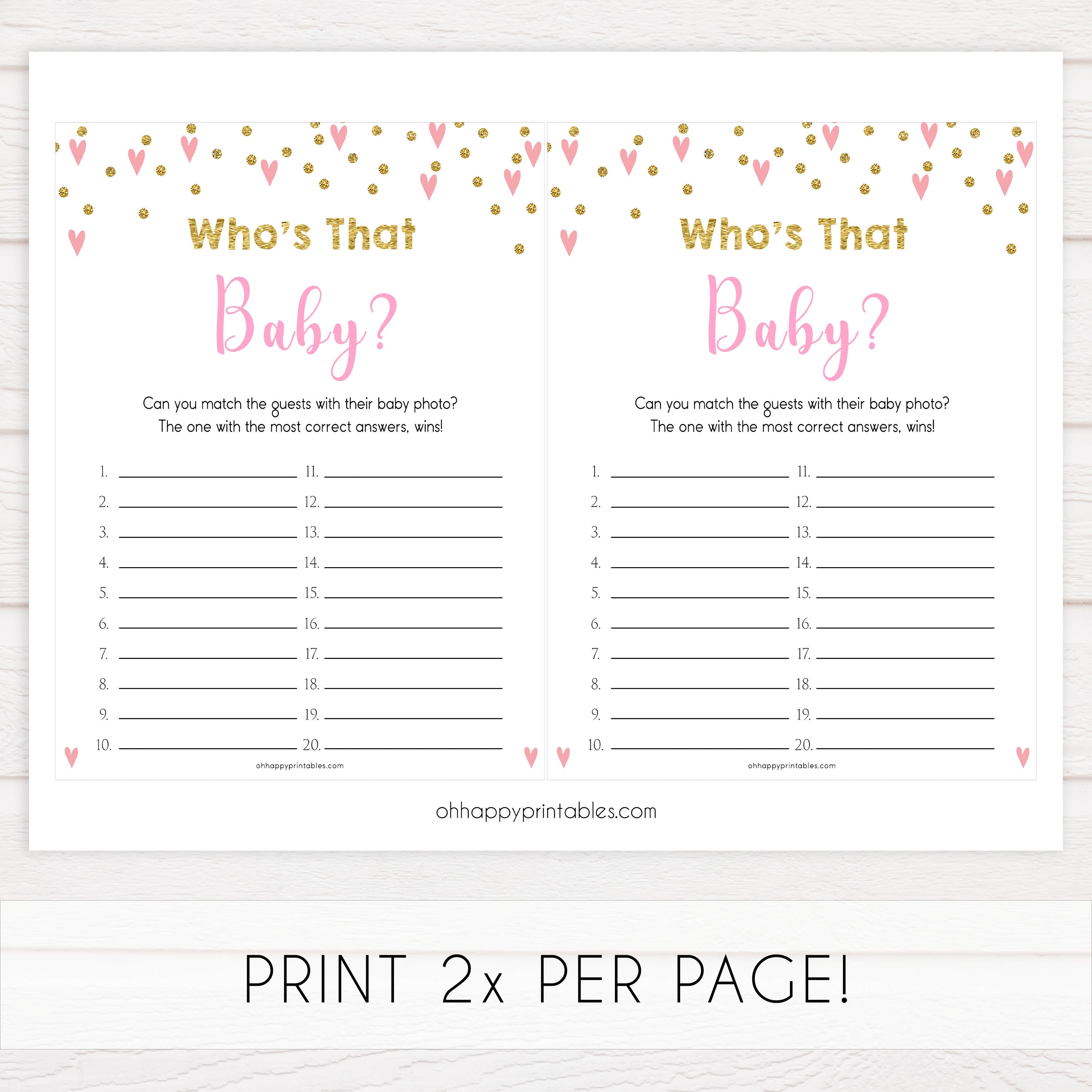 whos that baby game, guess the baby pictures, Printable baby shower games, small pink hearts fun baby games, baby shower games, fun baby shower ideas, top baby shower ideas, gold baby shower, pink hearts baby shower ideas