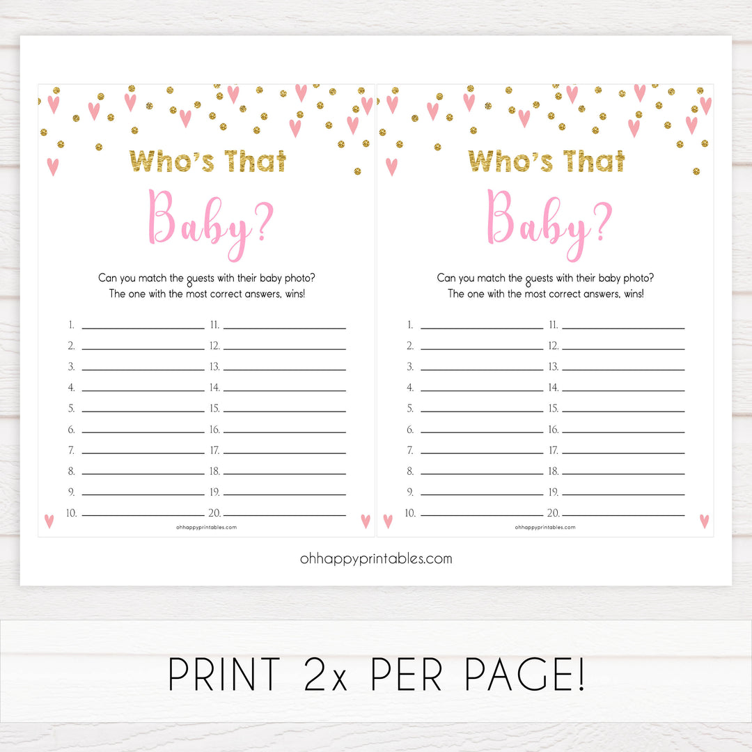 whos that baby game, guess the baby pictures, Printable baby shower games, small pink hearts fun baby games, baby shower games, fun baby shower ideas, top baby shower ideas, gold baby shower, pink hearts baby shower ideas