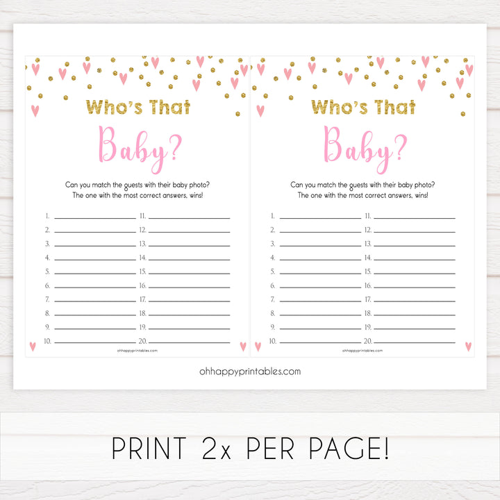 whos that baby game, guess the baby pictures, Printable baby shower games, small pink hearts fun baby games, baby shower games, fun baby shower ideas, top baby shower ideas, gold baby shower, pink hearts baby shower ideas