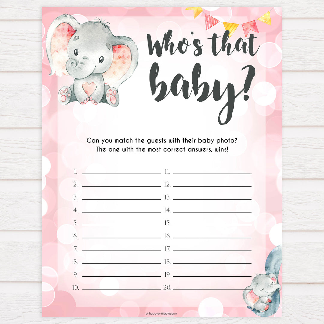 Whos that baby game, guess the baby photo, Printable baby shower games, fun abby games, baby shower games, fun baby shower ideas, top baby shower ideas, pink elephant baby shower, pink baby shower ideas