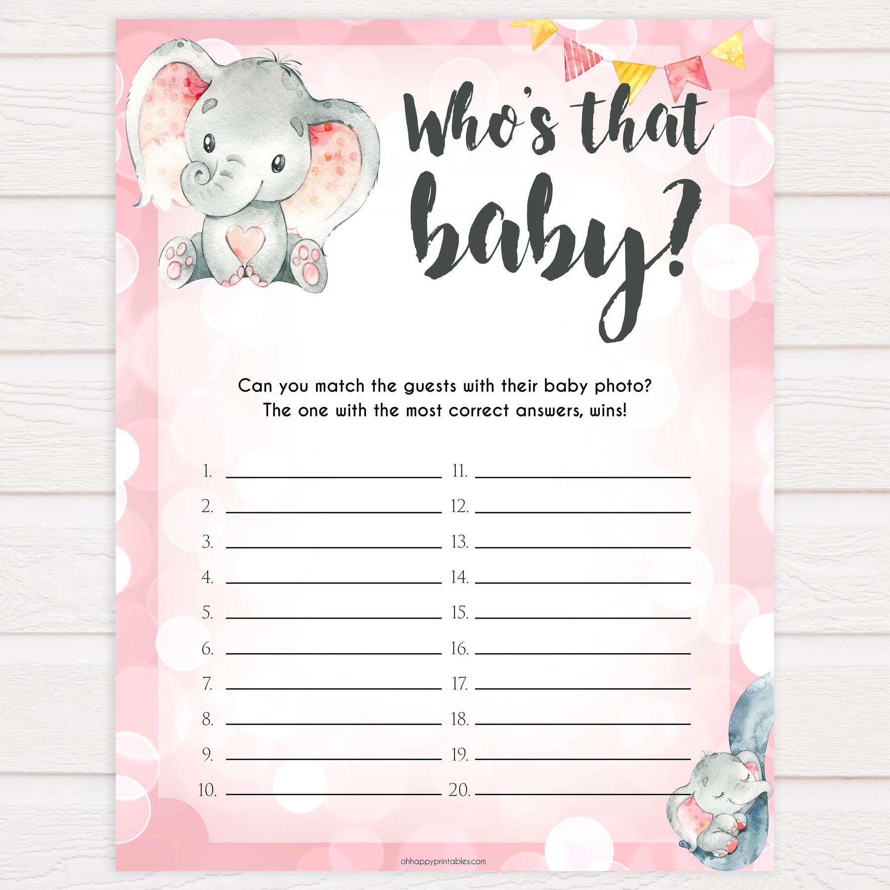 Whos that baby game, guess the baby photo, Printable baby shower games, fun abby games, baby shower games, fun baby shower ideas, top baby shower ideas, pink elephant baby shower, pink baby shower ideas