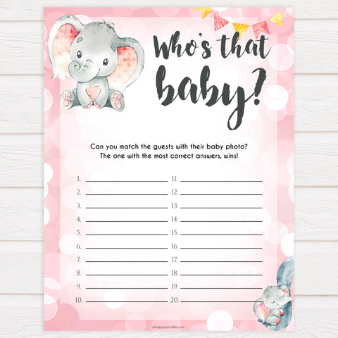 Whos that baby game, guess the baby photo, Printable baby shower games, fun abby games, baby shower games, fun baby shower ideas, top baby shower ideas, pink elephant baby shower, pink baby shower ideas